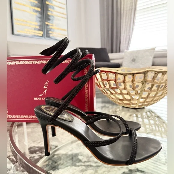🤩✨RENE CAOVILLA Cleo Snake embellished sandal black leather rhinestone heels 9 - Picture 7 of 13